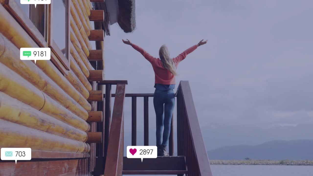 Marketer climbing steps at lake receiving notification forming icons raising arms clearing icons