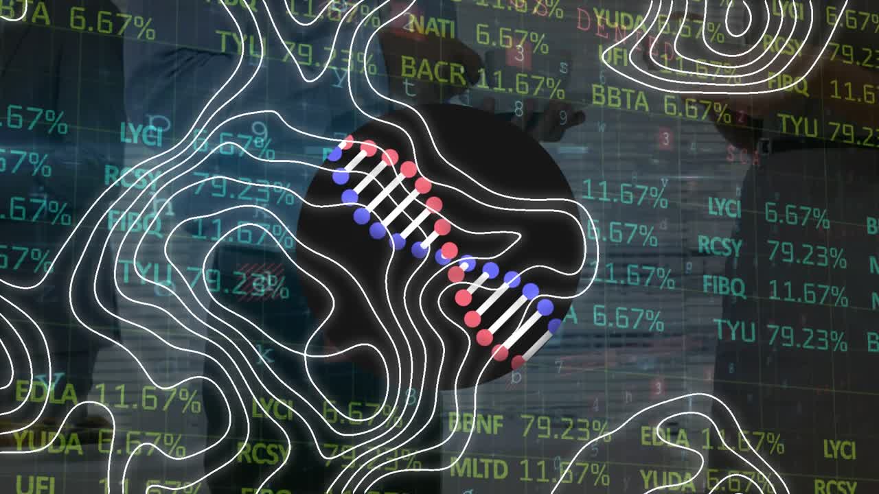 Animation of data processing and dna strand over diverse business people in office