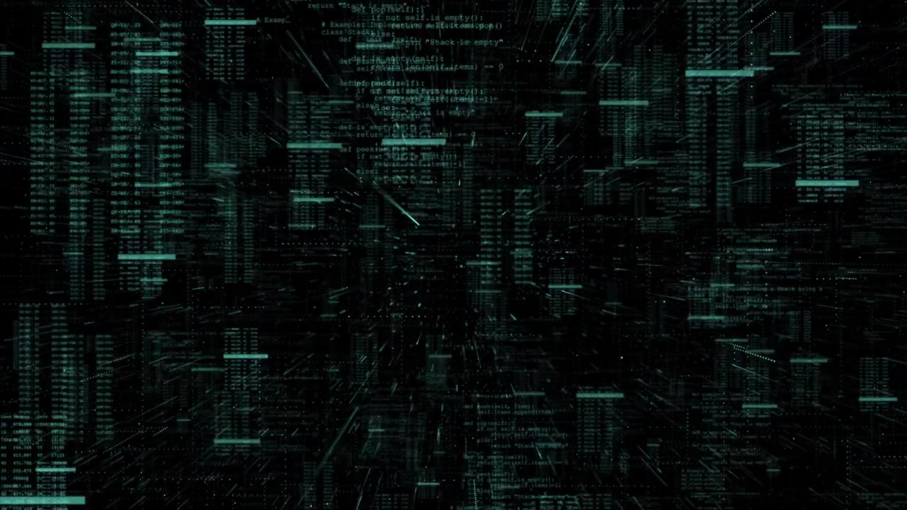 Dark green programming data visual with matrix style code dense text layers and cyber city depth