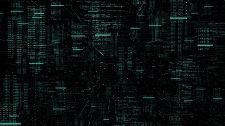 Dark green programming data visual with matrix style code dense text layers and cyber city depth