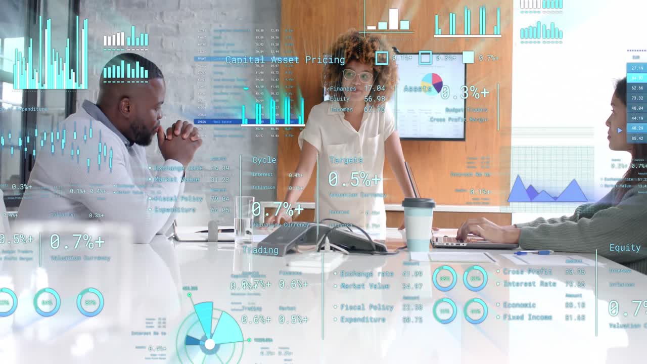 Data processing on interface over diverse colleagues discussing at casual office presentation
