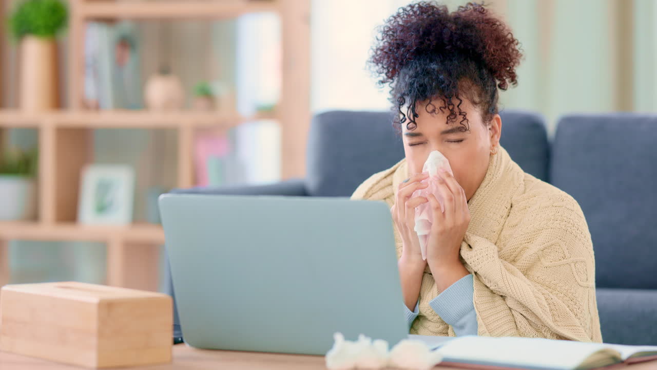 una mujer de negocios enferma soplando la nariz