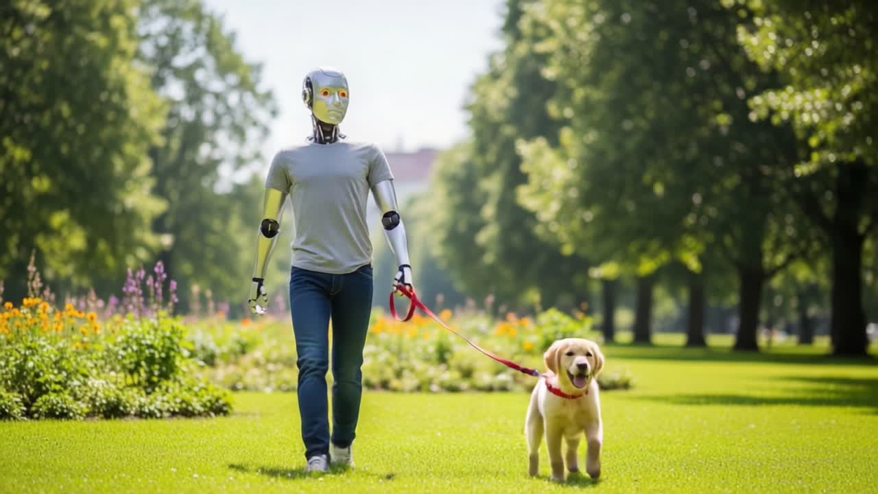 A Walk in the Park: A Robot Companion and a Golden Retriever Enjoying a Day Outdoors Under the Warm Sunlight Surrounded by Lush Greenery and Colorful Flowers