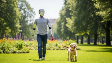 a walk in the park: a robot companion and a golden retriever enjoying a day outdoors under the warm sunlight surrounded by lush greenery and colorful flowers