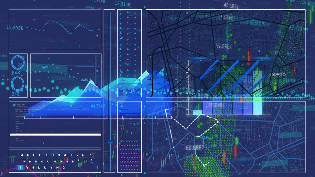 animación de la interfaz con el procesamiento de datos financieros y estadísticos contra un fondo azul.