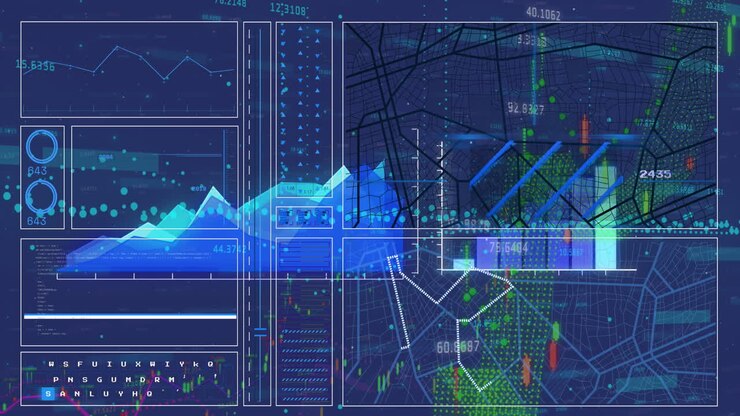 Animation of interface with financial and statistical data processing against blue background