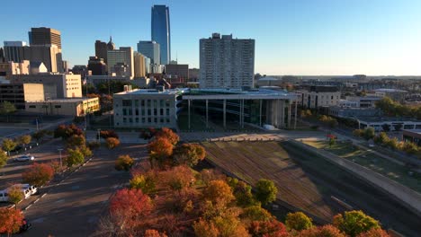 oklahoma city aerial view of urban skyline in autumn golden hour sunset