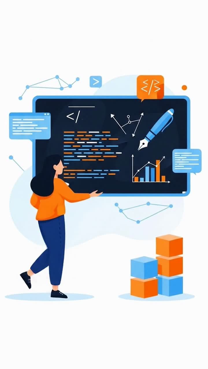 Female developer programming and analyzing data on a large digital screen