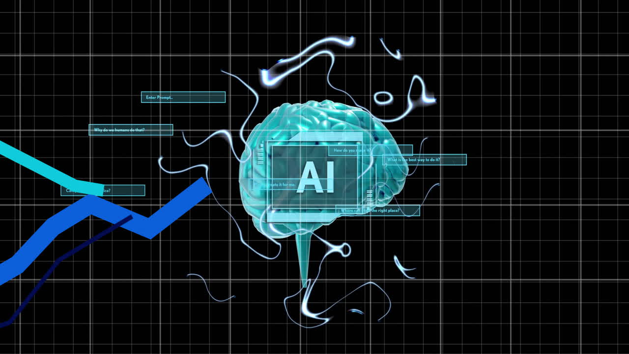 animazione di un testo, cervello e elaborazione di dati digitali su sfondo nero
