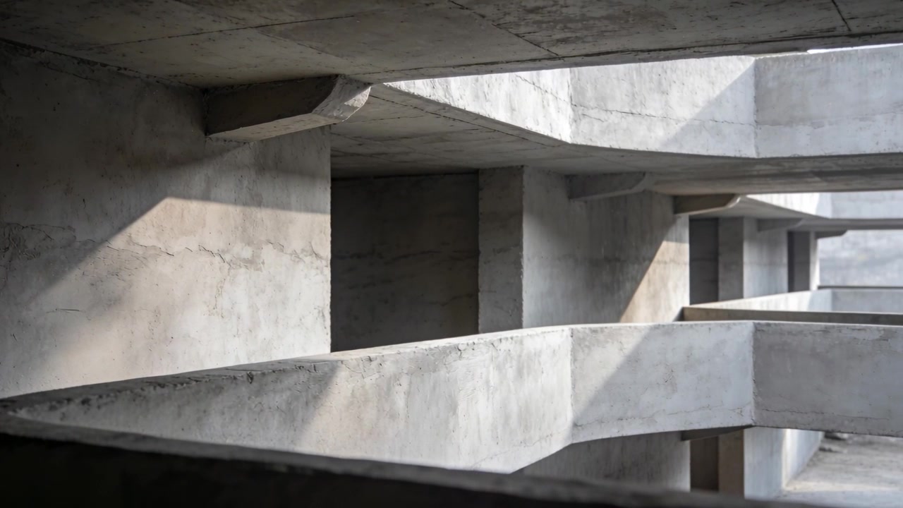 Cámara estabilizándose, la luz del día cambiando, revelando una rampa de hormigón y una barandilla en el garaje, proyectando sombras.