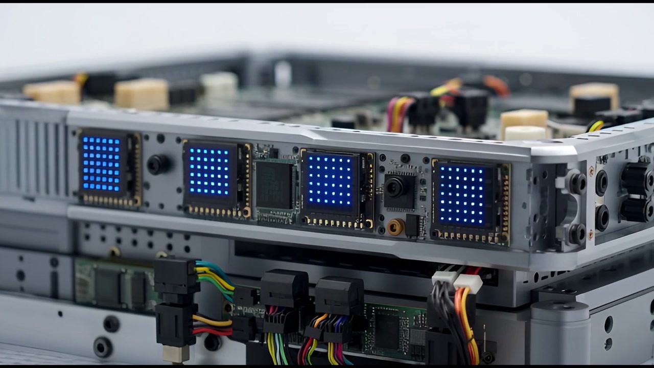Close-up of Advanced Computer Server Hardware with Blinking Blue LED Displays