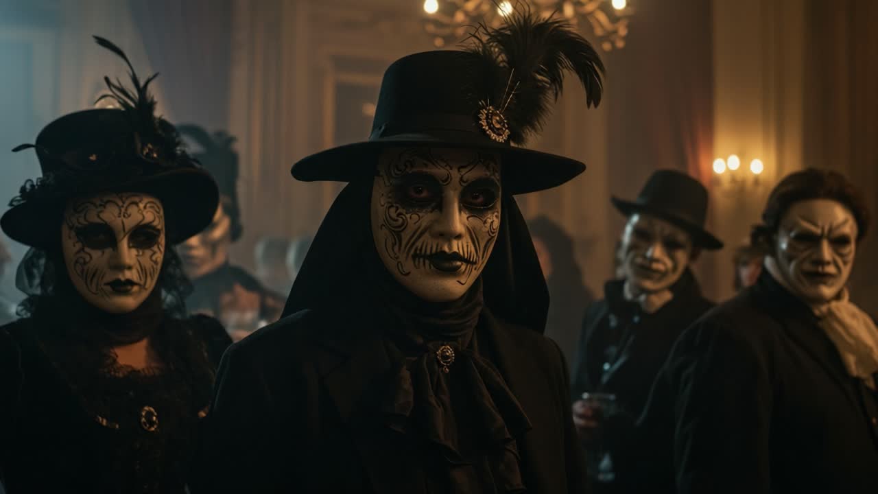 A Mysterious Gathering: Enigmatic Figures in Elaborate Masks and Dark Attire at a Gothic Soiree Filled with Intrigue and Intriguing Atmosphere