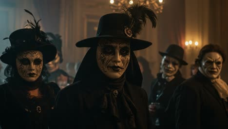 a mysterious gathering: enigmatic figures in elaborate masks and dark attire at a gothic soiree filled with intrigue and intriguing atmosphere