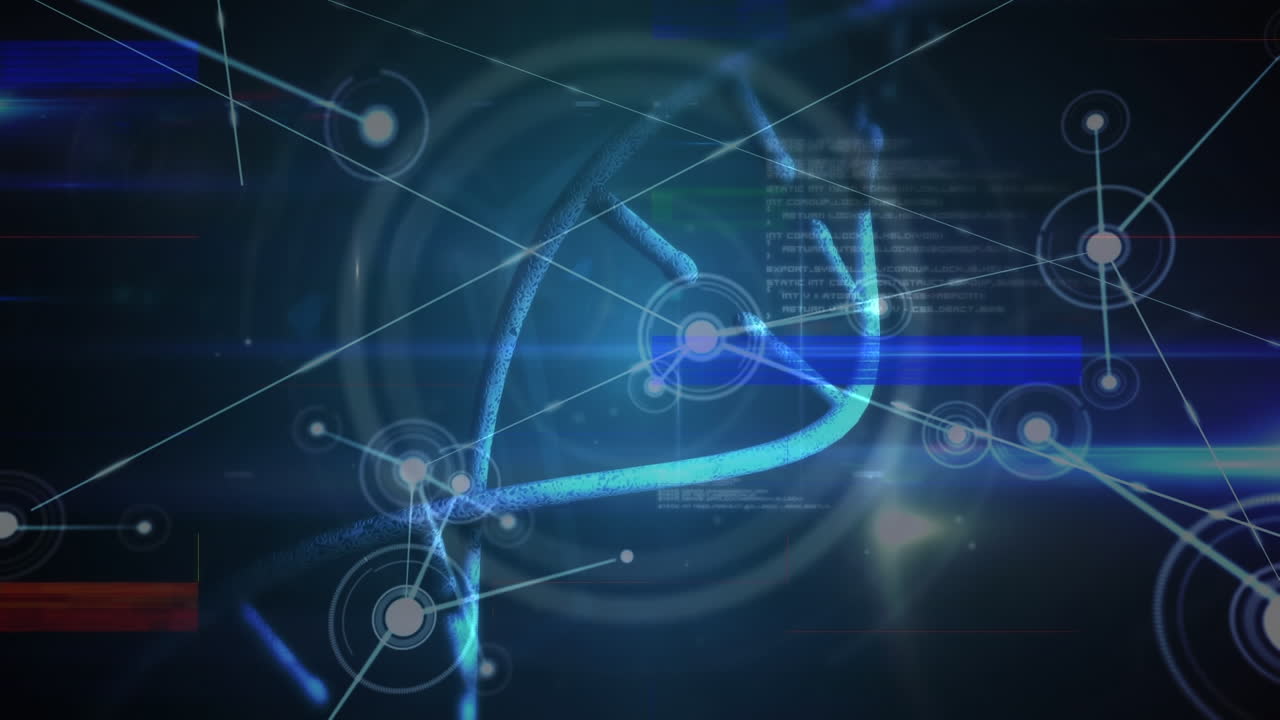 파란색 배경에 과학적 데이터 처리 위에 회전하는 dna 가닥의 애니메이션