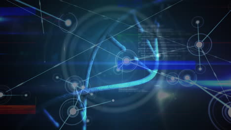 animación de la cadena de adn que gira sobre el procesamiento de datos científicos en fondo azul