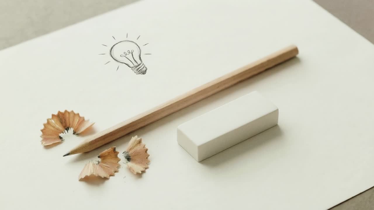 Pencil, Eraser, and Lightbulb Drawing on Blank Paper