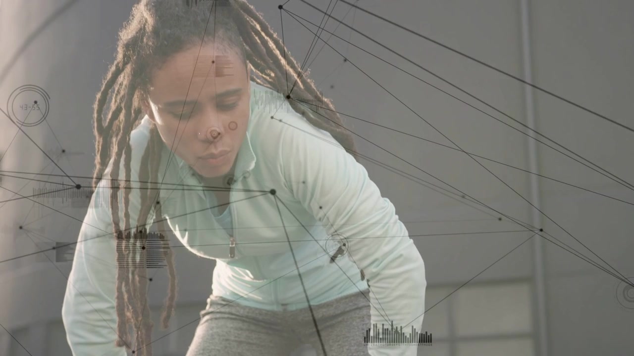 Female athlete bending forward after run, recovering and syncing smartwatch with HUD fitness data