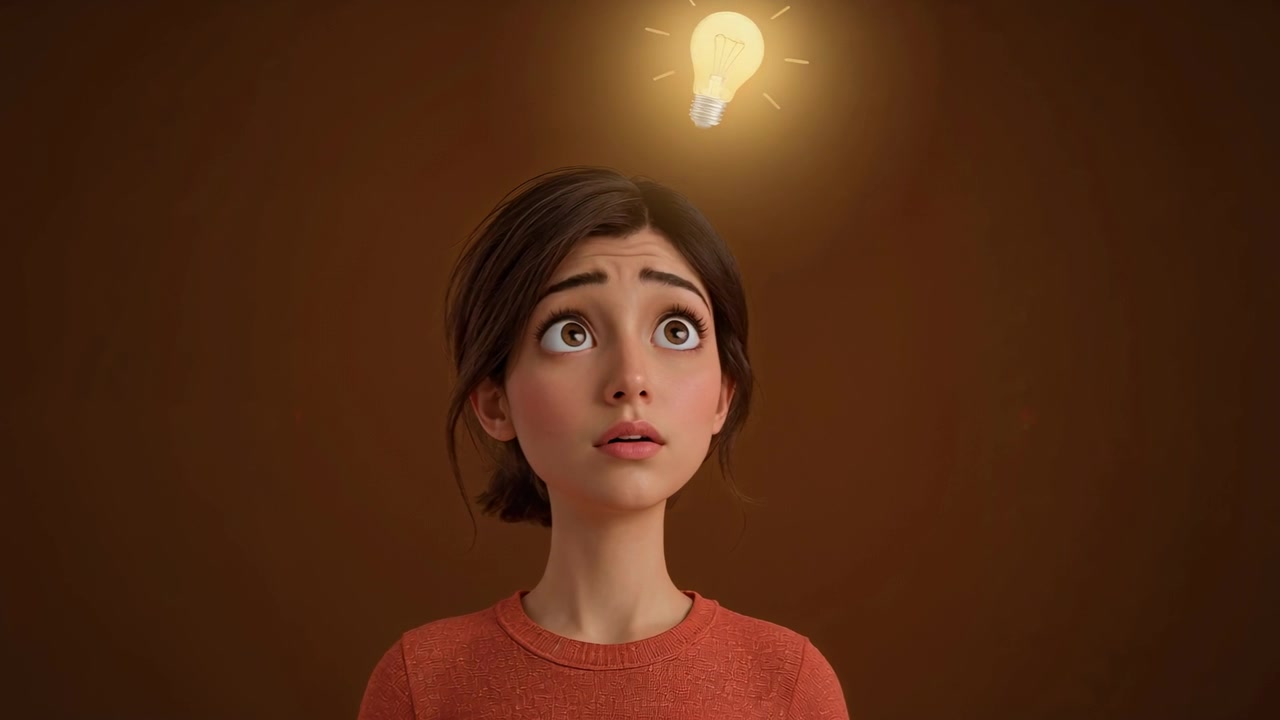 Looking 3D woman shifting gaze up in warm brown backdrop, bulb brightening to idea, orange sweater