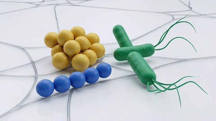Batteri e microbi colorati su una superficie che rappresentano la diffusione dell'infezione e il concetto di studio scientifico.