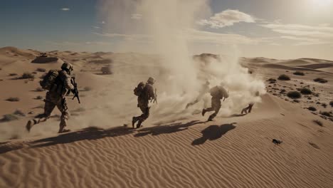 military personnel traversing sandy desert terrain during tactical patrol, generating dust clouds while moving strategically in tight formation with coordinated team effort