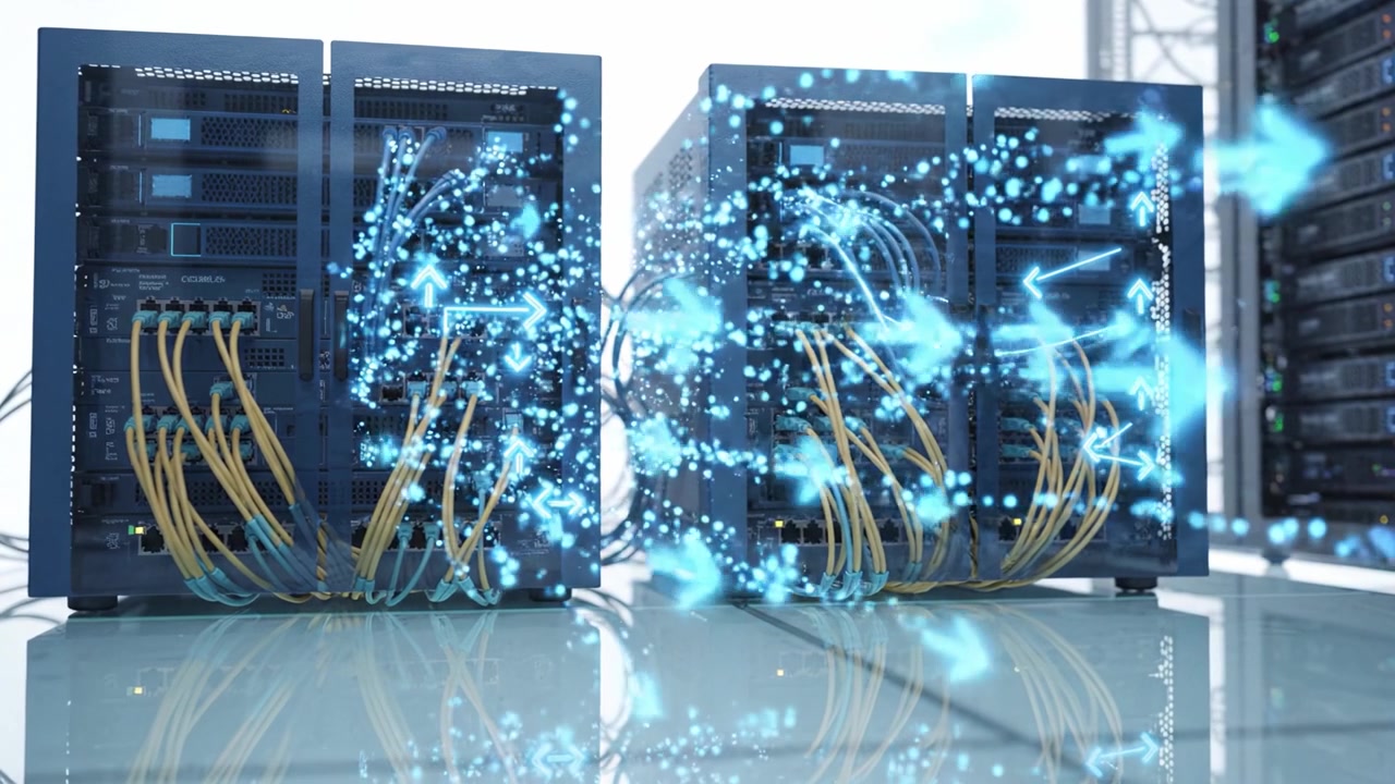 A Detailed Look at Modern Server Racks with Advanced Cable Management and Data Flow Illustration in a High-Tech Data Center Environment