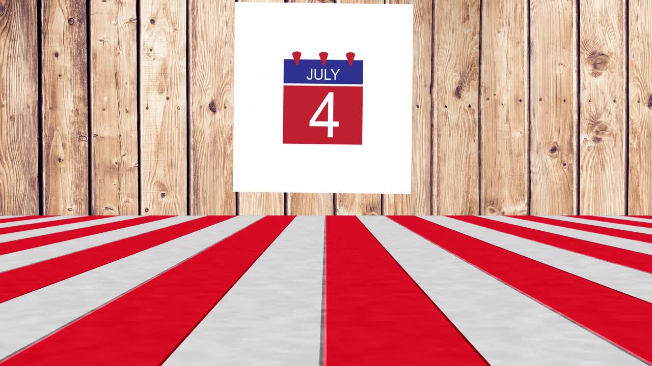 Animation of july 4 text over white and red stripes on wooden background
