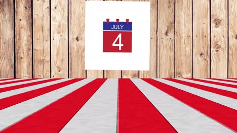 animation of july 4 text over white and red stripes on wooden background