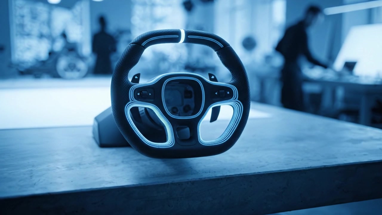 Innovative Racing Steering Wheel Design Showcased in Modern Workshop Environment, Highlighting Advanced Features and Ergonomic Structure for Optimal User Experience.