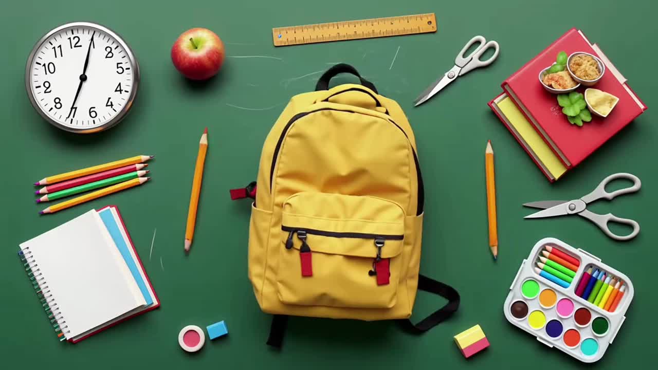 Top View Flat Lay of School Supplies and a Yellow Backpack