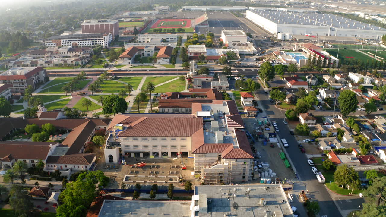 Aerial view of a university campus undergoing major construction and development