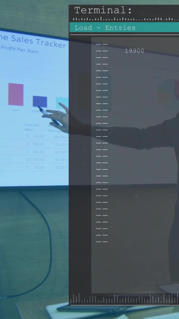 Vertical video: At start host pointing at sales bars and pie, terminal loading data updating sales