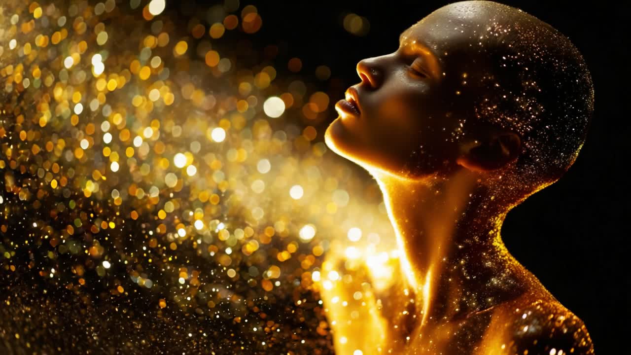 A mesmerizing journey through light and color, this video captures the ethereal beauty of a figure embracing the shimmering essence of gold and sparkle, illuminating the interplay of elegance and radiance