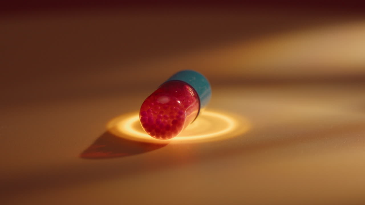 Close-up of a vibrant blue and red pill