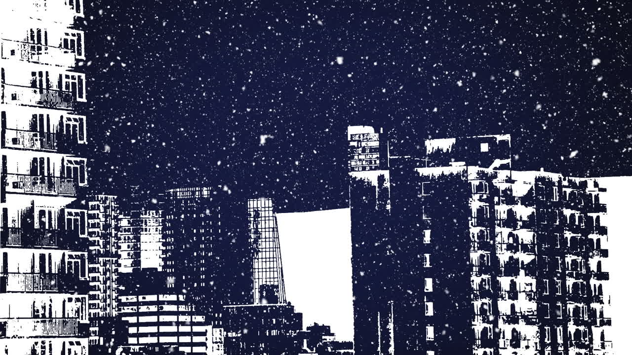 현대적인 건물과 밤하늘 위에 떨어지는  ⁇  크리스마스 눈의 애니메이션