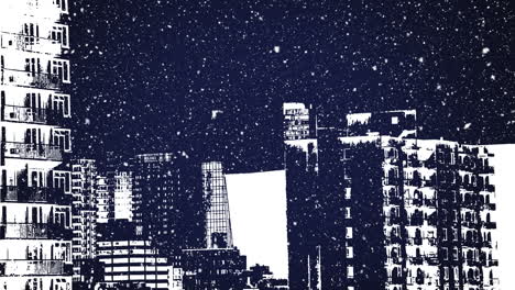 animation of white christmas snow falling over modern buildings and night sky
