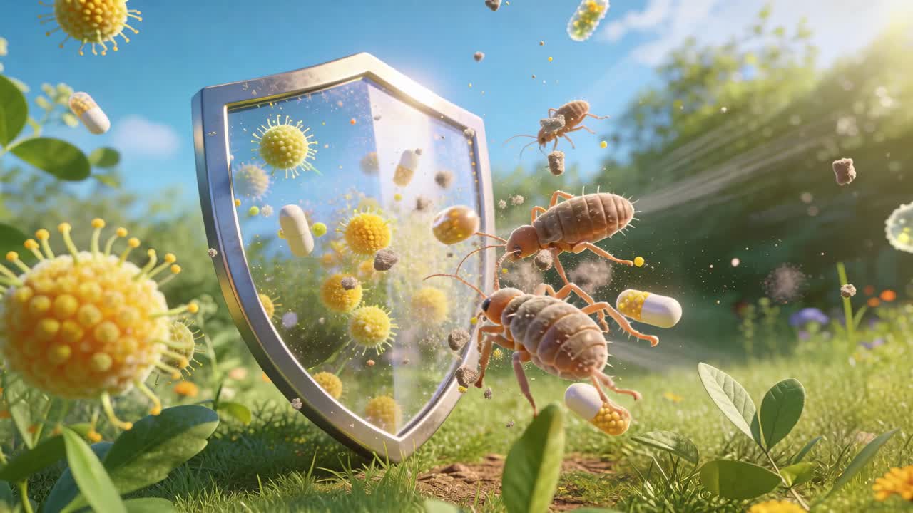 Vertical video: Repelling metal shield deflecting pollen, capsules and mites from right in meadow