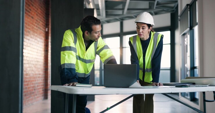Architetti che esaminano progetti edili su laptop in cantiere