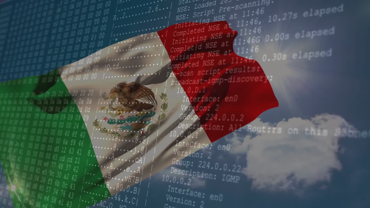 Mexican flag waving over digital code and network data processing animation
