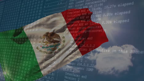 mexican flag waving over digital code and network data processing animation