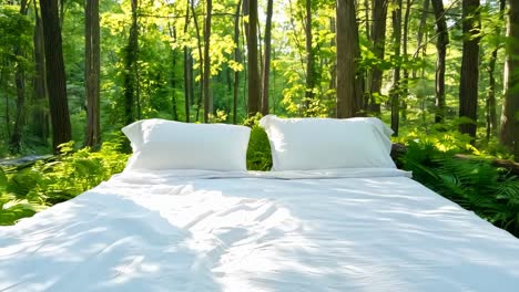 a bed in the middle of a lush green forest