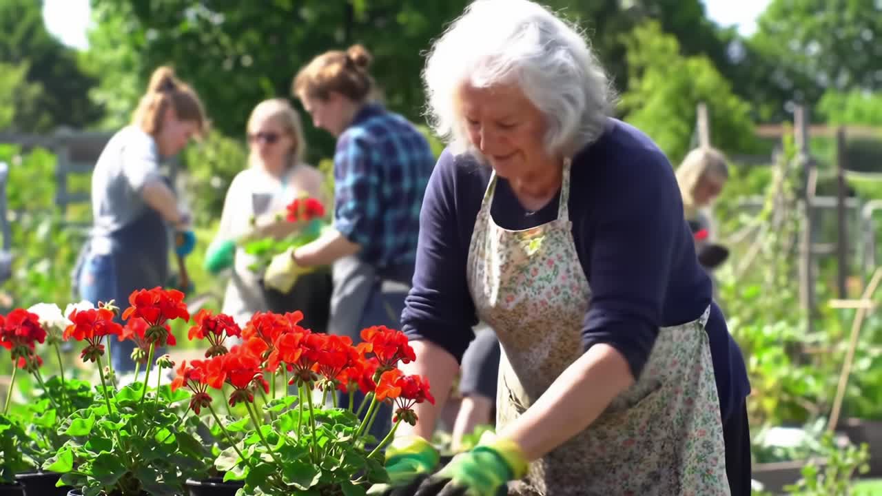 Community Gardening: A Joyful Gathering of Enthusiastic Adults Cultivating Flowers and Building Connections in a Vibrant Green Space