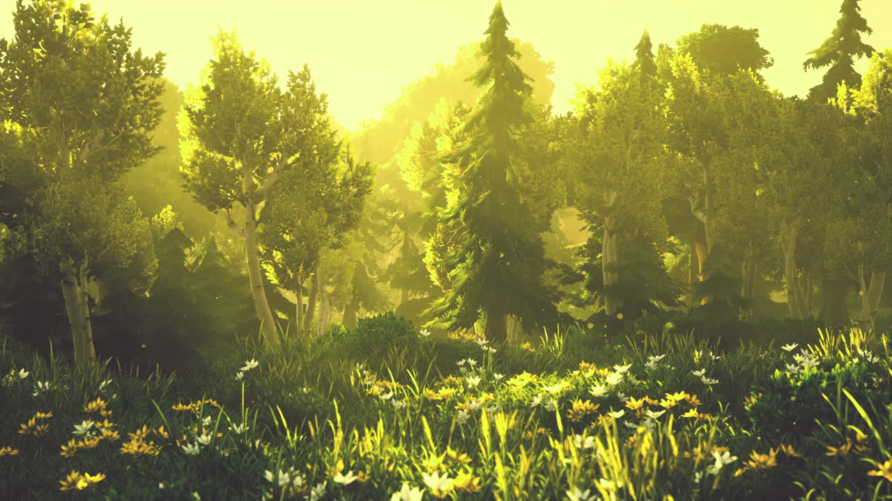 일몰 에 푸른 숲 이 꽃피고 있는 만화