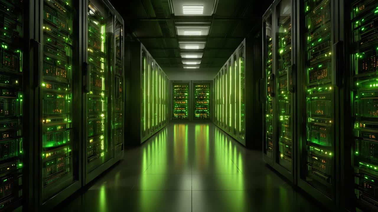 Illuminated Server Room with Rows of High-Tech Equipment and Green Lights, Showcasing Modern Data Storage Solutions in a High-Efficiency Environment