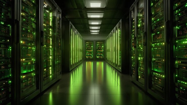 Oplyst serverrum med rækker af højteknologisk udstyr og grønne lys, der fremviser moderne datalagringsløsninger i et højeffektivt miljø