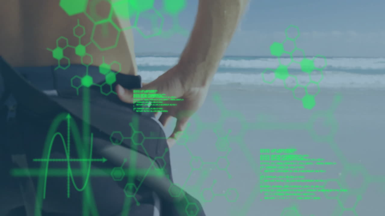 patrones hexagonales verdes y animación de datos sobre la persona ajustando traje de buceo en la playa