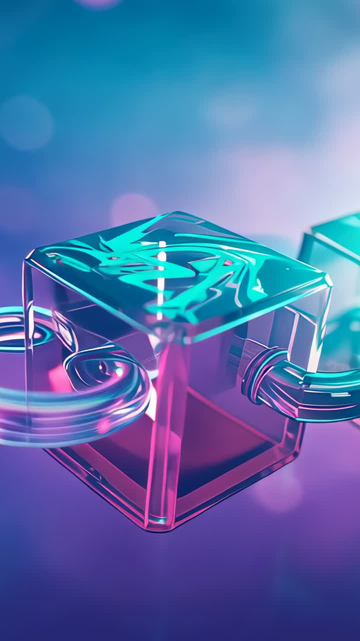 Vertical video: glowing lid driving cube shedding, turning in studio as cable receding showing mesh