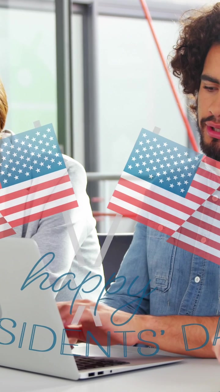 Animation of flags of usa and happy presidents day over diverse businesspeople in office
