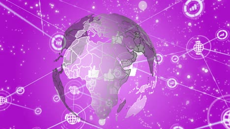 Animation-Eines-Netzwerks-Digitaler-Symbole-Und-Leuchtender-Punkte-über-Einem-Sich-Drehenden-Globus-Auf-Violettem-Hintergrund