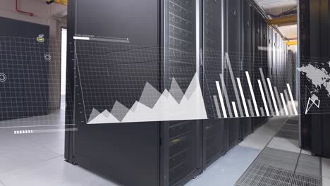 animación de gráficos, mapas y barras de carga sobre los racks de los servidores de datos en la sala de servidores