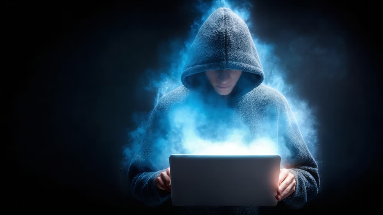 Una figura misteriosa con una felpa con cappuccio manipola energia eterea da un laptop, circondata da un'aura di fumo blu e intrighi digitali